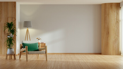 Modern minimalist interior with an armchair on empty white color wall background- 3D rendering