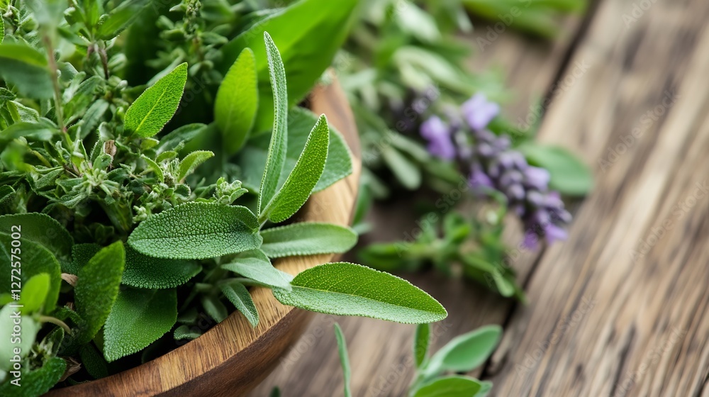 Poster fresh herbs in wooden bowl featuring thyme sage and lavender on rustic table : generative ai