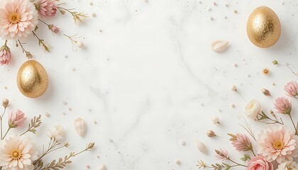 Obraz premium Elegant Easter Background with Golden Eggs and Soft Pink Flowers