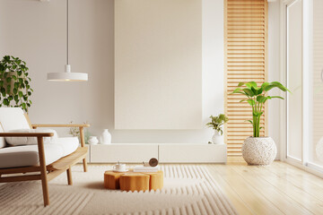 Empty living room mockup a wall for TV with sofa in living room with cream color wall- 3D rendering