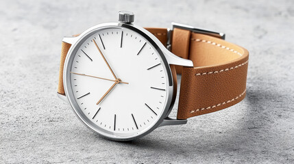 Minimalist watch design with white face and brown leather strap