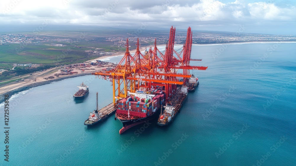 Poster container ship docked at port under crane loading