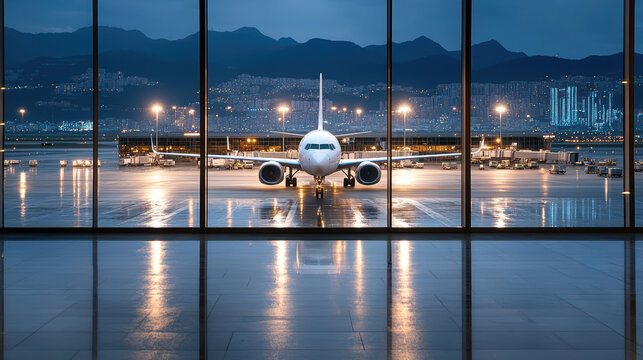 night view of brightly lit airport with airplanes and mountains