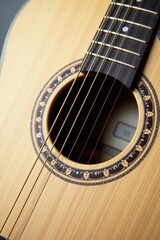 Obraz premium Close-up view of an acoustic guitar's soundhole and strings, showcasing intricate detailing and craftsmanship