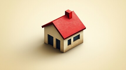 Isometric Minimalist House Illustration: A Simple Beige House with a Red Roof and Chimney