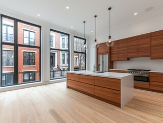 Fototapeta premium Modern kitchen interior with wooden cabinets and large windows overlooking city street