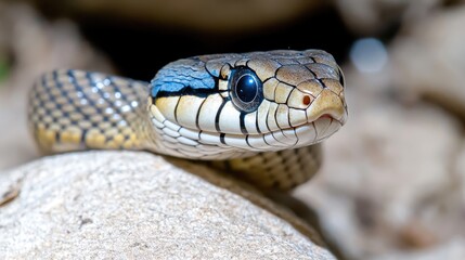 Obraz premium Wild snake with blue and yellow scales rests on a stone in its natural rocky habitat during the day.