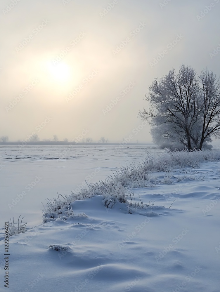 Poster serene winter landscape with frosty trees under soft sunlight : generative ai
