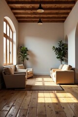 Fototapeta premium Serene Living Room with Natural Light and Wooden Accents, Featuring Neutral Upholstered Furniture and Lush Indoor Plants