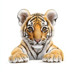 Fototapeta premium Adorable Orange And Black Striped Tiger Cub Close Up On White Background