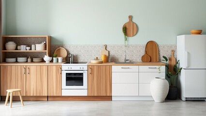 Modern Light Wood Kitchen Interior with White Appliances and Decor