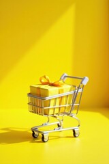 A miniature shopping cart filled with a vibrant yellow gift box tied with a cheerful yellow ribbon, sits on a sunny yellow background.