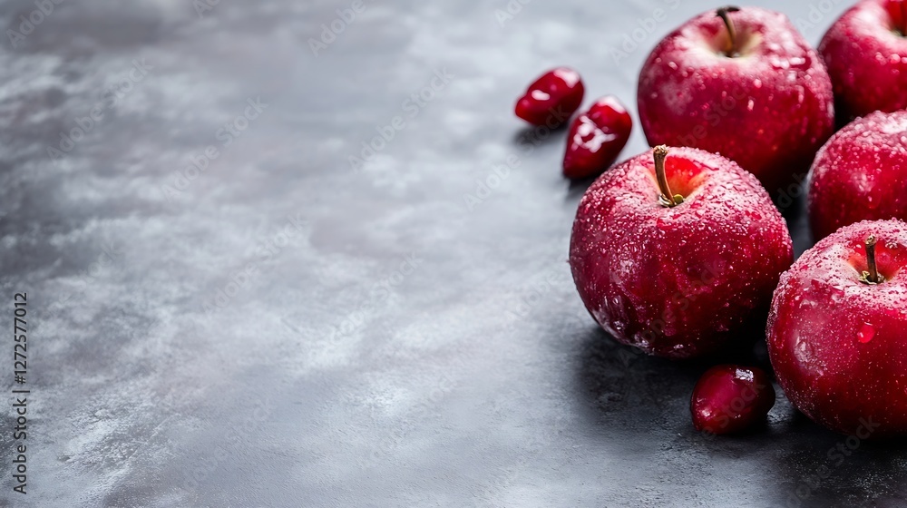 Poster fresh red apples with frost on dark surface for healthy eating concept : generative ai
