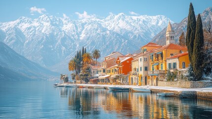 Fototapeta premium Snowy coastal village, mountains, calm waters, winter tourism