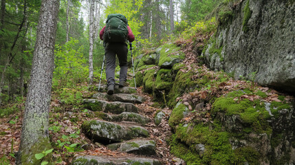 Fototapeta premium Hiker ascending with focus, stepping stones guide the way, embodying perseverance and progress. 