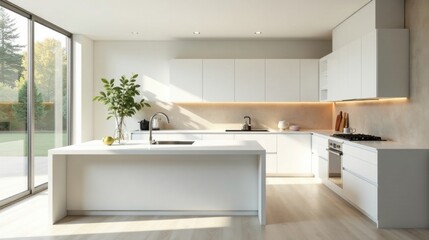 Fototapeta premium Modern minimalist kitchen design with island and sunlight streaming through large window