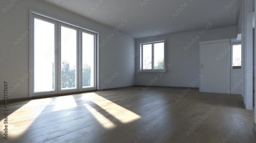 Poster Bright and Spacious Empty Room with Large Windows Capturing Natural Light : Generative AI