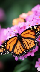 Naklejka premium Monarch butterfly perched on vibrant flowers in a lush garden setting