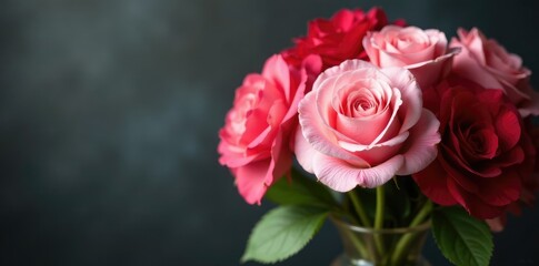 Fototapeta premium Pink roses and red hydrangeas in a floral arrangement, vase, decor, rose