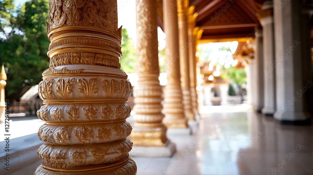 Poster intricate details of golden pillars in a beautiful temple setting : generative ai
