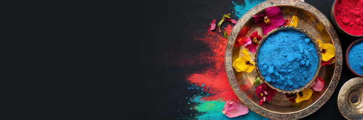 Naklejka premium Festival of Colors, vibrant colorful gulal powder for celebration on dark background, long banner
