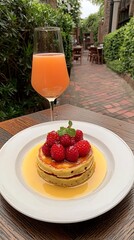 Outdoor cafe brunch, pancakes with raspberries, and juice