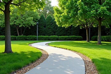 Serene Winding Pathway Through Lush Green Landscape with Mature Trees and Neat Shrubbery