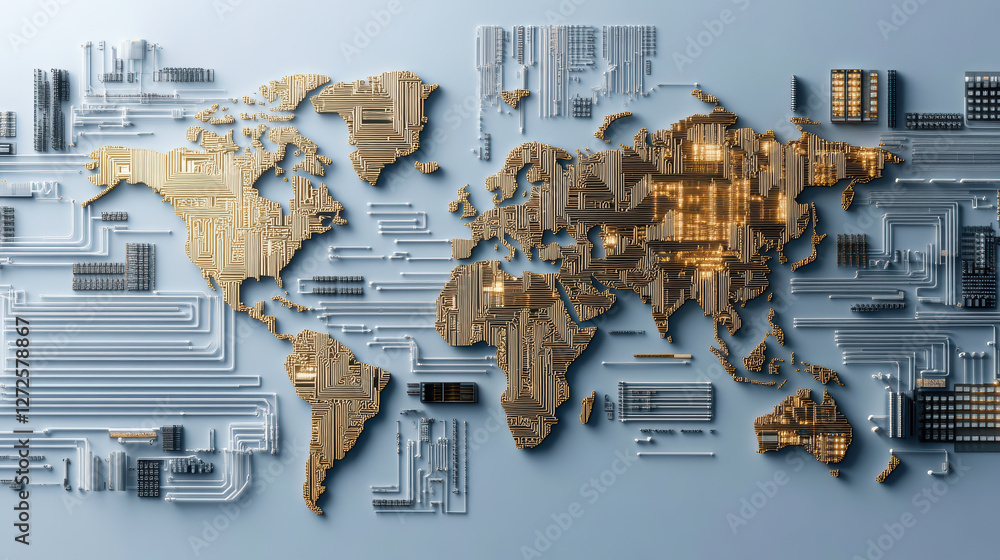 Poster world map made of circuit patterns, symbolizing technology and connectivity