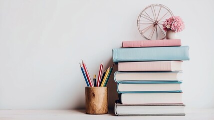 Fototapeta premium Pastel Books, Colored Pencils, and Decor on White Table