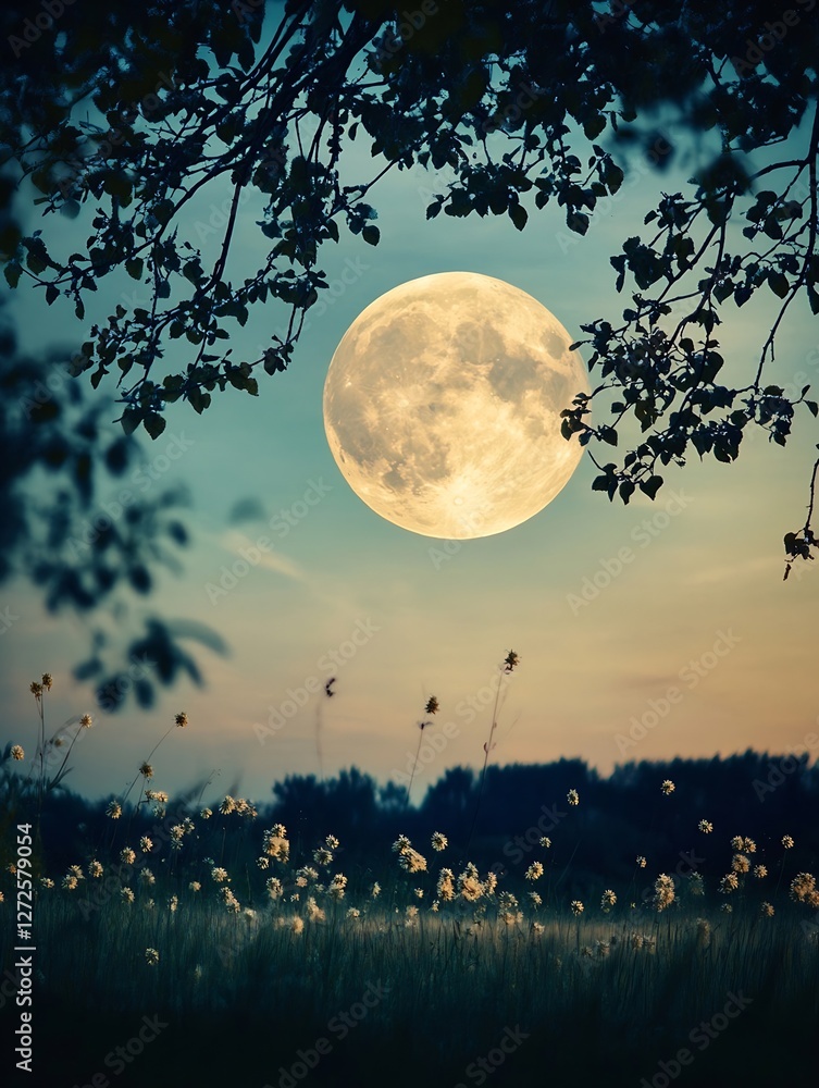 Poster stunning view of a full moon shining over a serene field with blooming flowers : generative ai