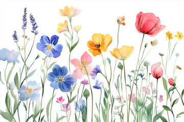 Simple watercolor illustration, spring wild flowers on white background. Different delicate flowers, plants, leaves and grass. Aquarelle sketch. Blurred paint stains.