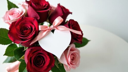 Fototapeta premium A lovely bouquet of deep red and light pink roses, adorned with a delicate pink ribbon tied around a blank heart-shaped tag, rests on a pristine white surface.