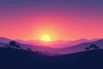Naklejka premium Serene Sunset Over Rolling Hills, a Vivid Display of Color and Tranquility