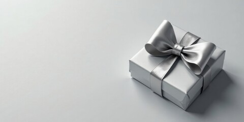 Obraz premium A single silver gift box with a satin ribbon bow, elegantly presented on a neutral background.