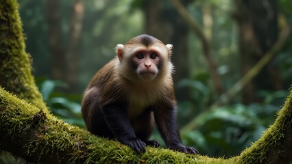 Fototapeta premium Monkey on mossy tree branch in forest