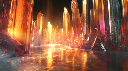 Fototapeta premium 3d render of a glimmering crystal cave with reflective surfaces and flowing liquid light effects. Radiant Crystal Caverns. Illustration