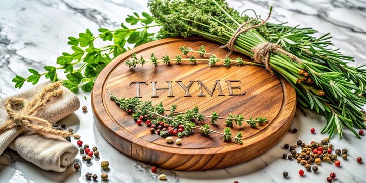 Rustic Wooden Cutting Board Mockup: Thyme, Spices & Marble Background