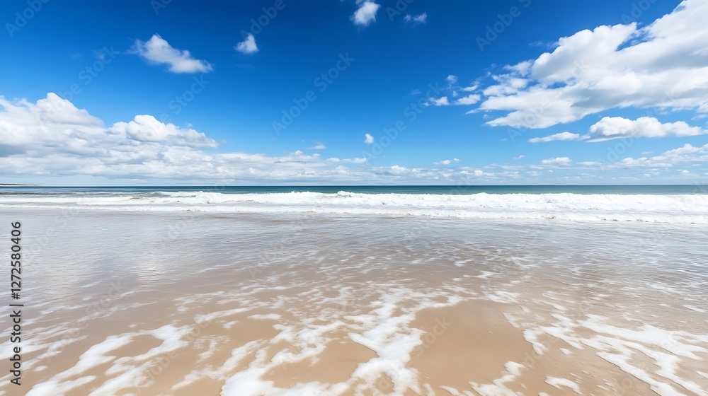 Poster stunning beach view featuring calm waves under a bright blue sky with vibrant clouds : generative ai