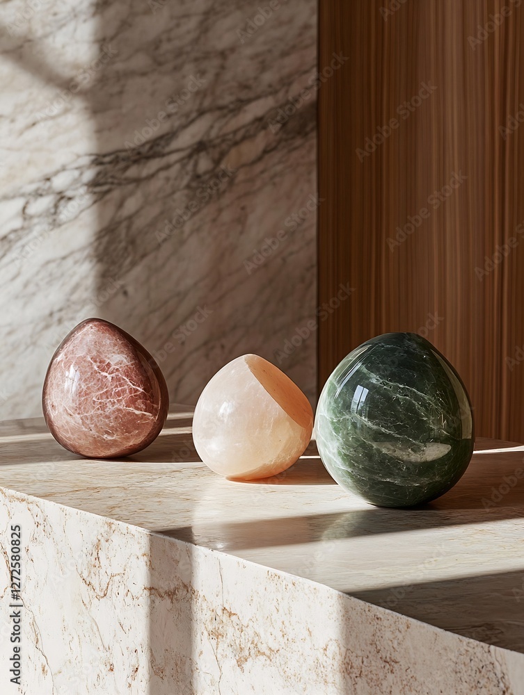 Poster elegant decorative stone eggs with unique colors set on a sophisticated marble surface : generative 
