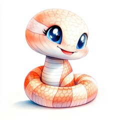 Fototapeta premium Adorable Peach Colored Cartoon Snake With Big Blue Eyes On White Background