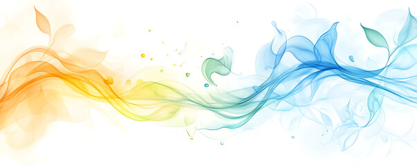 Vibrant abstract waves in blue, orange, and green with delicate leaf motifs.