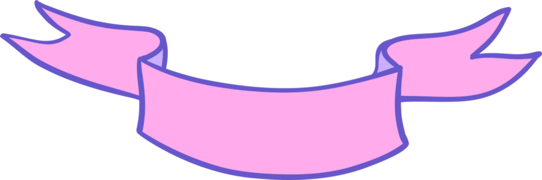A playful cartoon-style illustration of a pastel pink ribbon banner with a whimsical, hand-drawn design, outlined in purple for a decorative look - Powered by Adobe