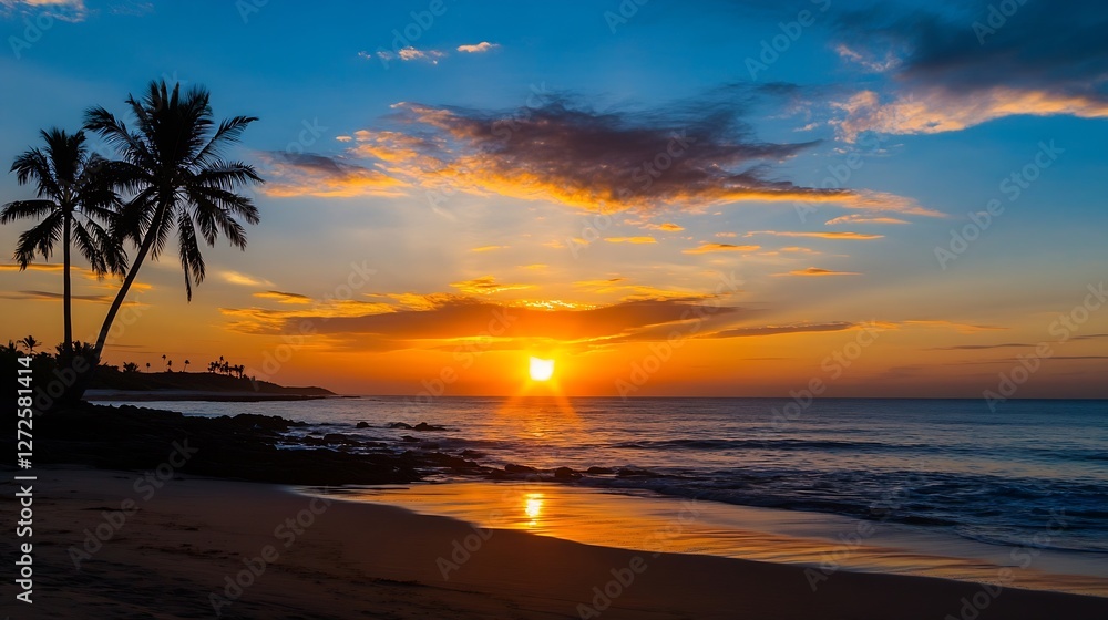 Aufkleber breathtaking tropical sunset over the ocean with palm trees and reflection on calm water : generativ