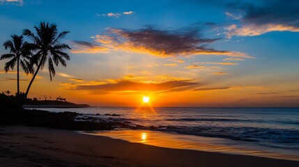 Breathtaking Tropical Sunset Over the Ocean with Palm Trees and Reflection on Calm Water : Generative AI