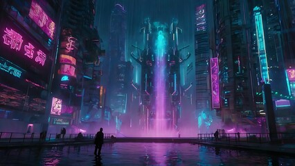 Obraz premium Vibrant Cyberpunk Cityscape at Night