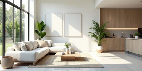 Fototapeta premium Modern Minimalist Living Room Design with Large Windows and Light Wood Kitchen