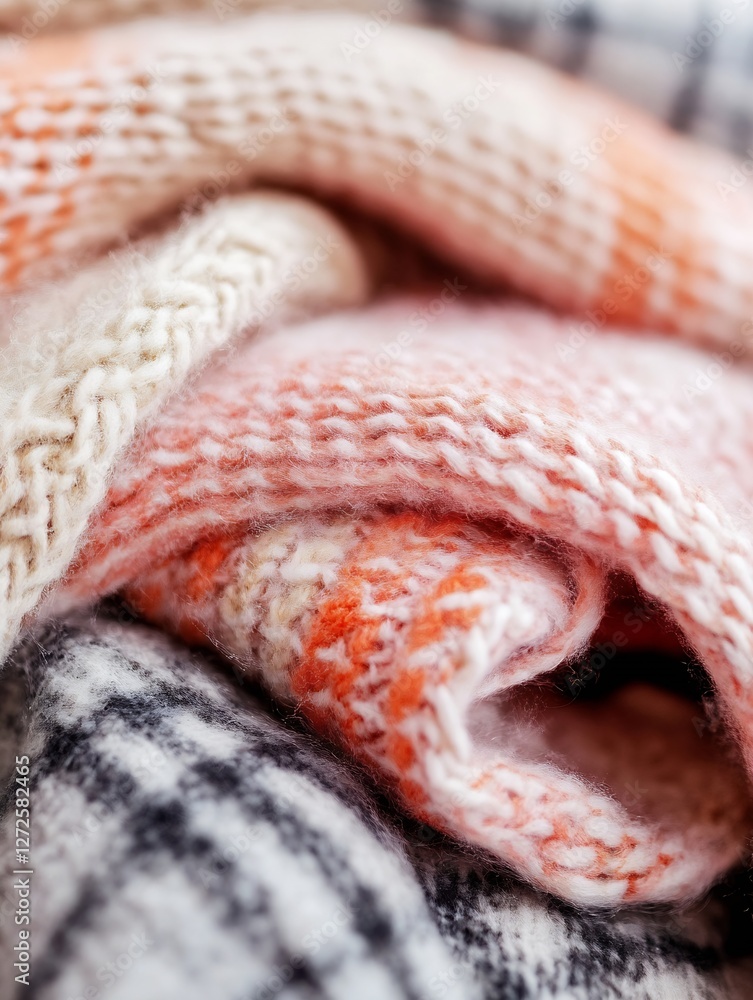 Poster cozy knitted textiles piled together with soft warm colors and textures : generative ai