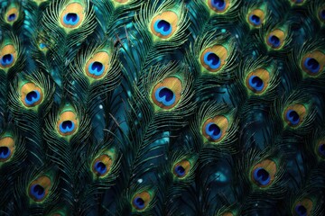 A vibrant tapestry of iridescent peacock feathers, showcasing nature's intricate artistry and the dazzling spectrum of blues, greens, and golds.