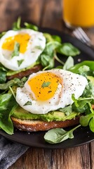 Poached Eggs on Avocado Toast with Spinach, Breakfast, Wooden Table, Orange Juice