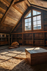 Naklejka premium Rustic Attic Charm: A sunlit attic room with wooden beams, shelves, and a window, offering a warm, inviting ambiance, where the simple elegance of craftsmanship is truly highlighted. 